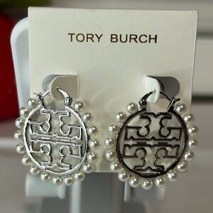 Tory Burch silver and pearl hoop earrings brand new